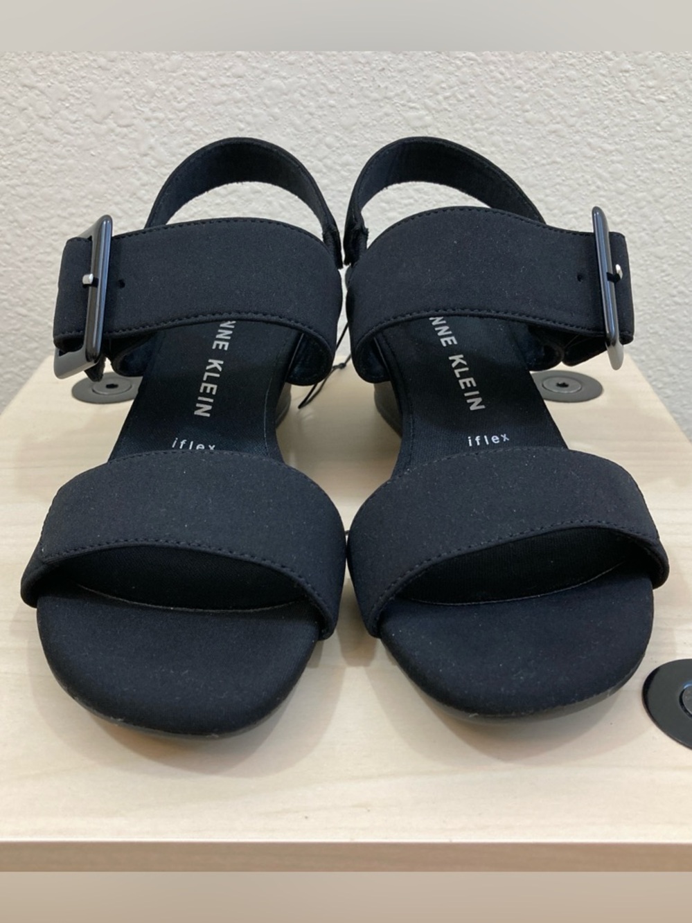 Anne Klein Black iflex Two-Strap Wedge Heels with Buckle Closure Size 6 - Picture 3 of 9